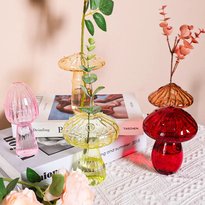 Mushroom-Shaped Transparent Glaze Glass Tabletop Vase Art Deco Style Glass Flowers Floor Vase Home Decor Weddings Low Price