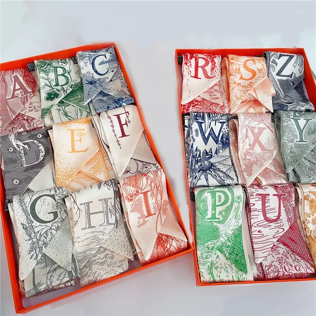 Wholesale Classic Tarot 26 Letters Twill Pattern Silk Feeling Handbag Skinny Scarf Bag Decoration Scarfs