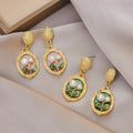 Vintage Jewelry Gold Plated Green Flower Drop Earrings Court Oil Painting Framed Baroque Pearl Flower Stud Earrings Women 2024