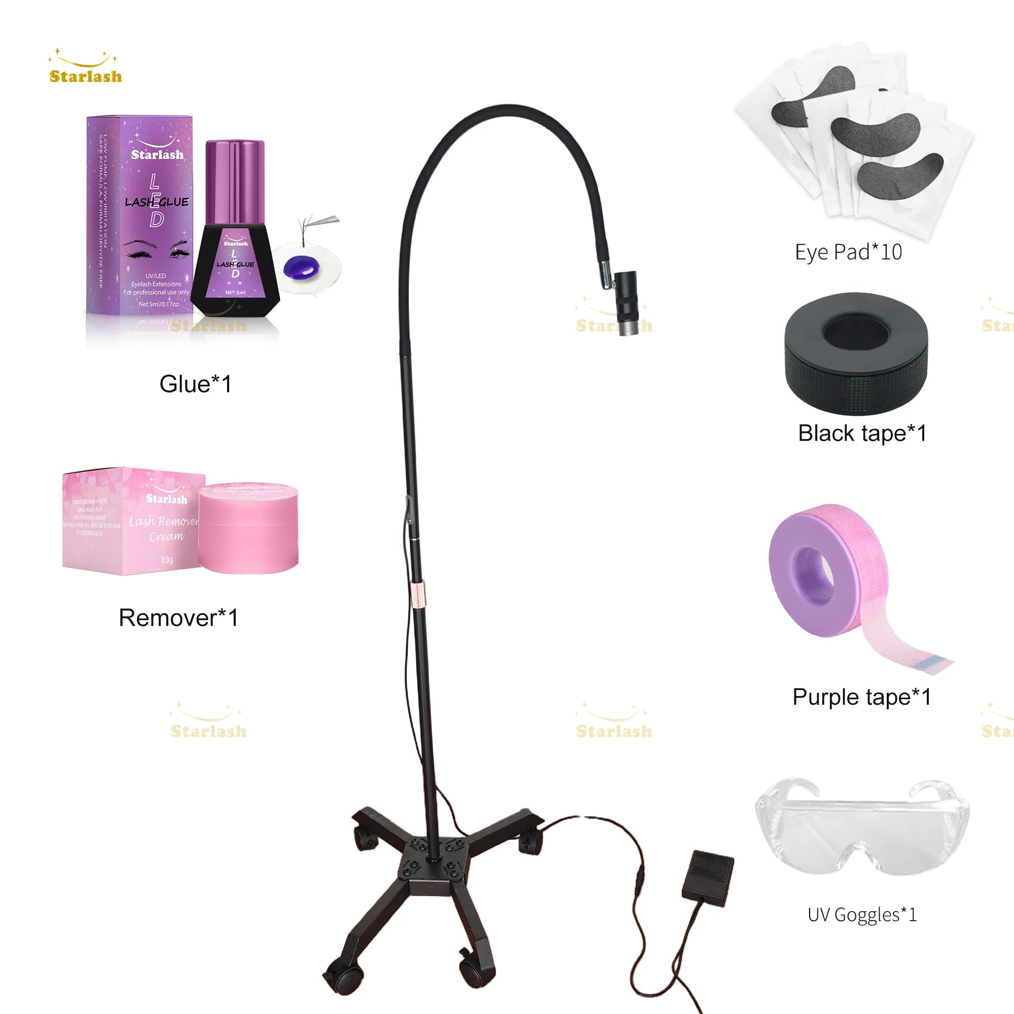 UV Lash Extension 2 in 1 Clamp Stand Floor 2 Mode UV/LED Light UV Lash Glue Remover Cream Black Eye Pads for Lash Extension