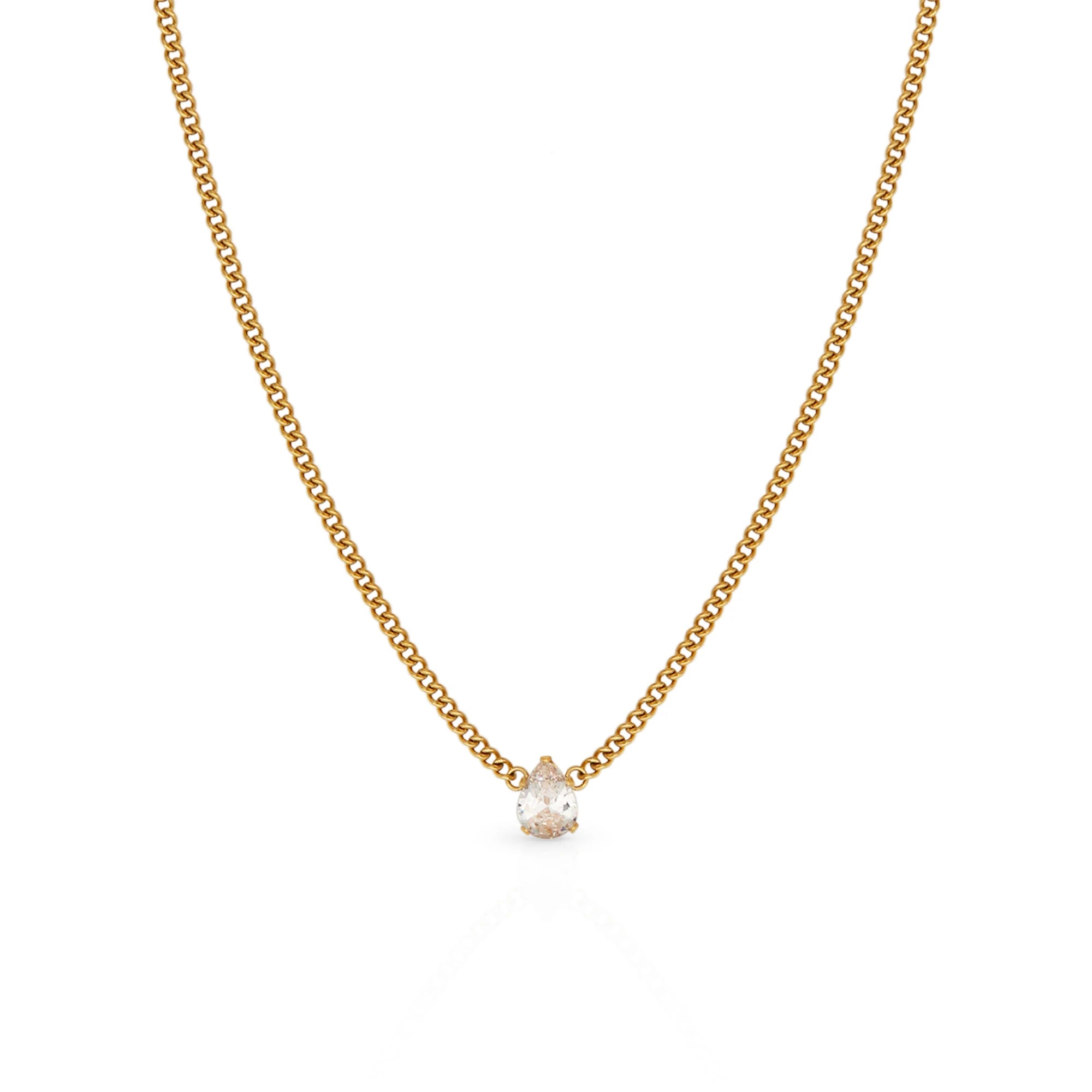 Chris April 316L Stainless Steel PVD Plated Charm Pear Cut Zircon Drop Pendant Curb Chain Necklace