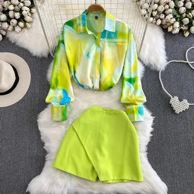 M-XL Fashion Set Vintage Style Loose Sleeve Polo Collar Single Breasted Printed Shirt High Waist Shorts Two Piece Set