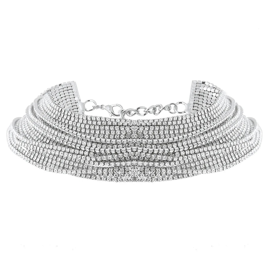 Statement Silver Gold Plated Tennis Chain Necklace Multi Layer Rhinestone Crystal Choker Necklace for Women
