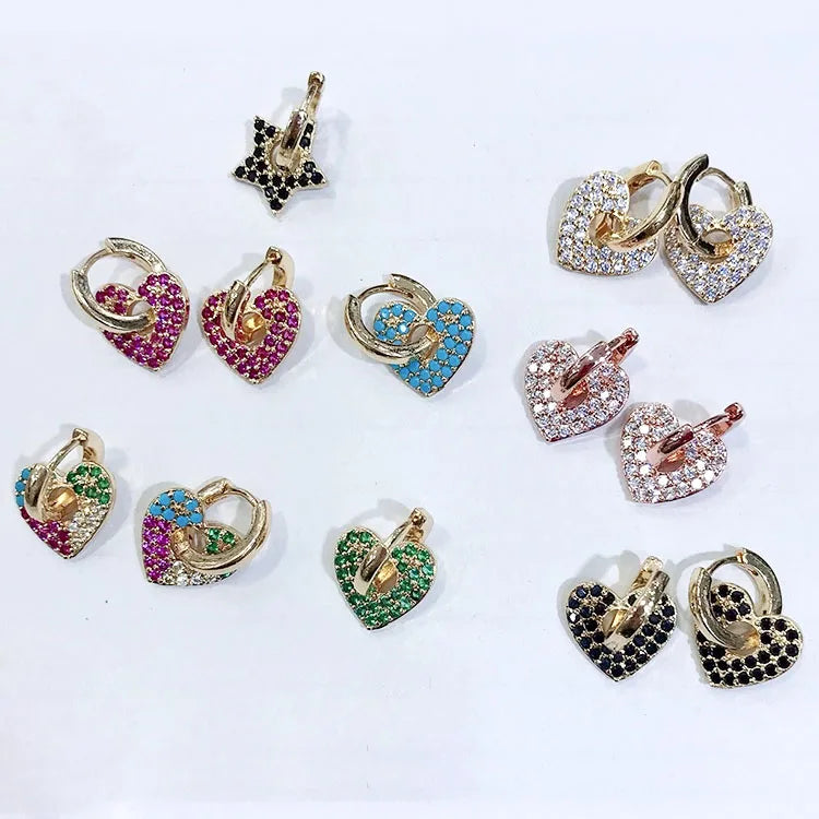 EC1641 New Mini Small Chic Rainbow 18k Gold Plated Zircon CZ Micro Heart Charm Huggie Earring