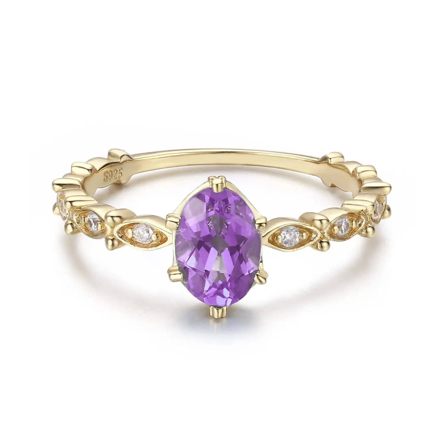 14K Gold 925 Sterling Silver CZ Jewelry Natural Stone Dainty Amethyst Ring for Women