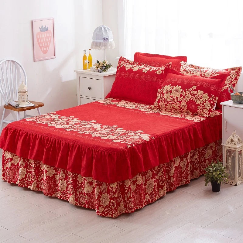 Luxury 100% Polyester Red Printed Pattern Durable King Size Wedding Bed Skirts