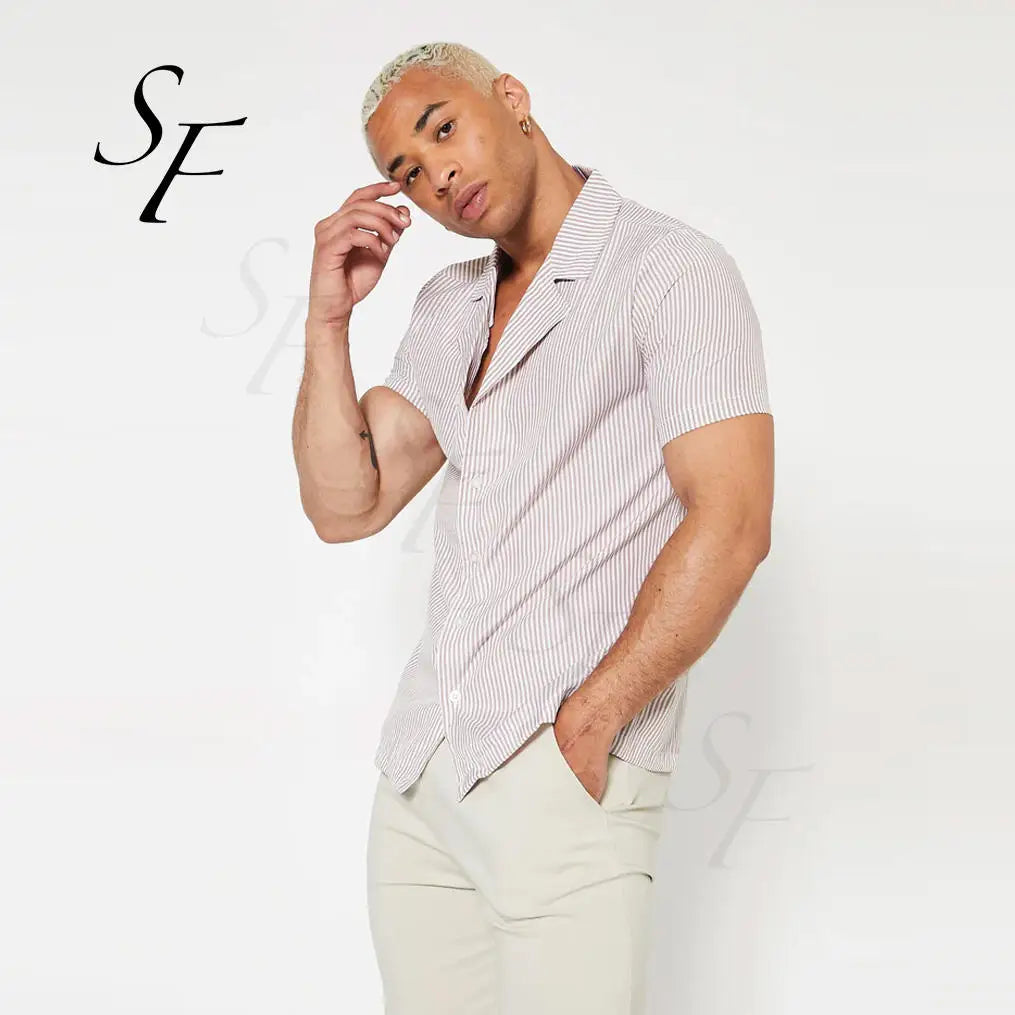 Custom Vintage Stripe Short Sleeve Blouse Casual Resort Streetwear Stripe Cotton Breathable Man's Shirts