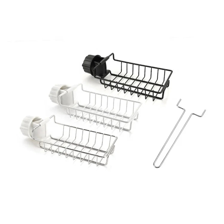 Adjustable Stainless Steel Sink Faucet Storage Rack with Soap Drainer Shelf Metal Basket for Bathroom or Kitchen Sponge Holder