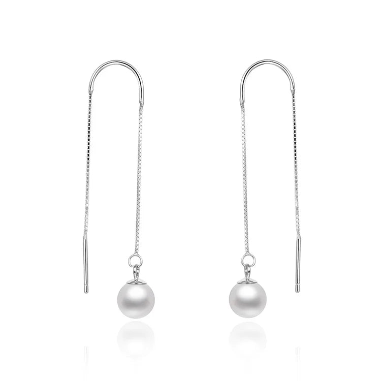925 Sterling Silver Drop Pearl Stud Earrings with Chain Elegant Fashionable Jewelry