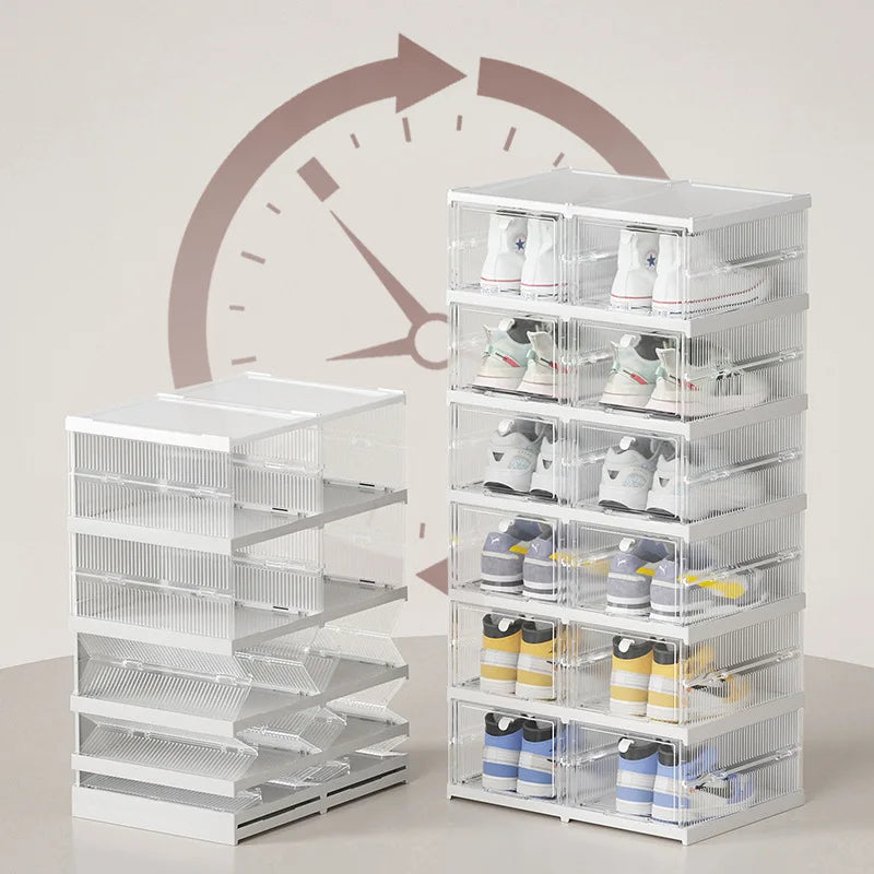 3 Layers Clear Hard Plastic Stackable Transparent Folding Shoe Box Storage Organizer for Closet Hallway Bedroom Entryway