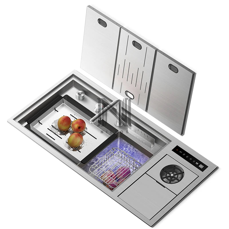 9845X Large Size Brushed Smart Washing Kitchen Sink Stainless Steel Cup Rinser Hidden Design Kitchen Sink With 3 Sink Cover MegaBDM