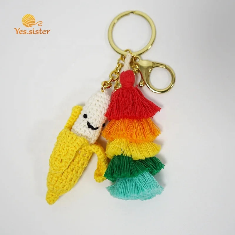 New Cute Crochet Handmade Soft Eco-Friendly Durable Gift Pendant Keyring Charm Banana Mini Amigurumi Orange 3D Shape Key Chain