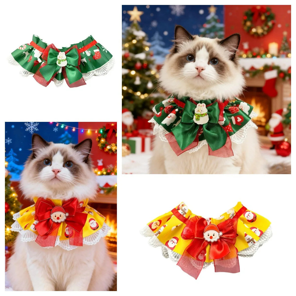 Pet Scarf & Bib for Cats & Dogs Christmas Design Adjustable Cotton Lace Spit Towel with Dot Pattern Lovely Style