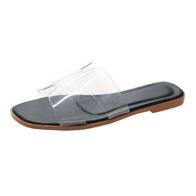 Ladies Transparent One Strap Fashion Trendy Flat Bottom Slippers Summer Beach Ladies Flat Sandals Soft Outdoor Walking Shoes
