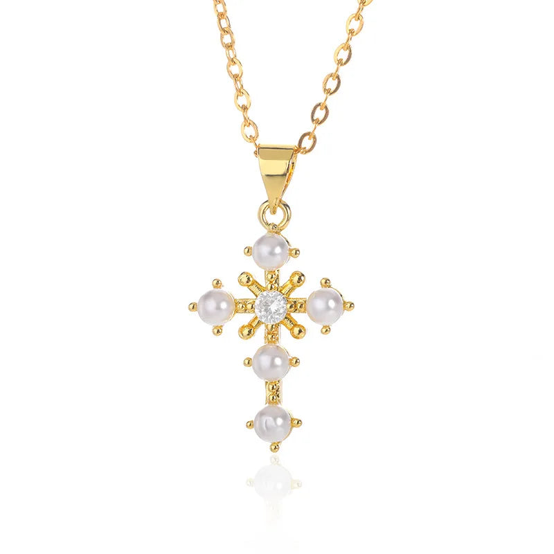 Personality Gold Plated Collarbone Chain Temperament Pearl Necklace Delicate Cross Pendant Necklace for Women Girls