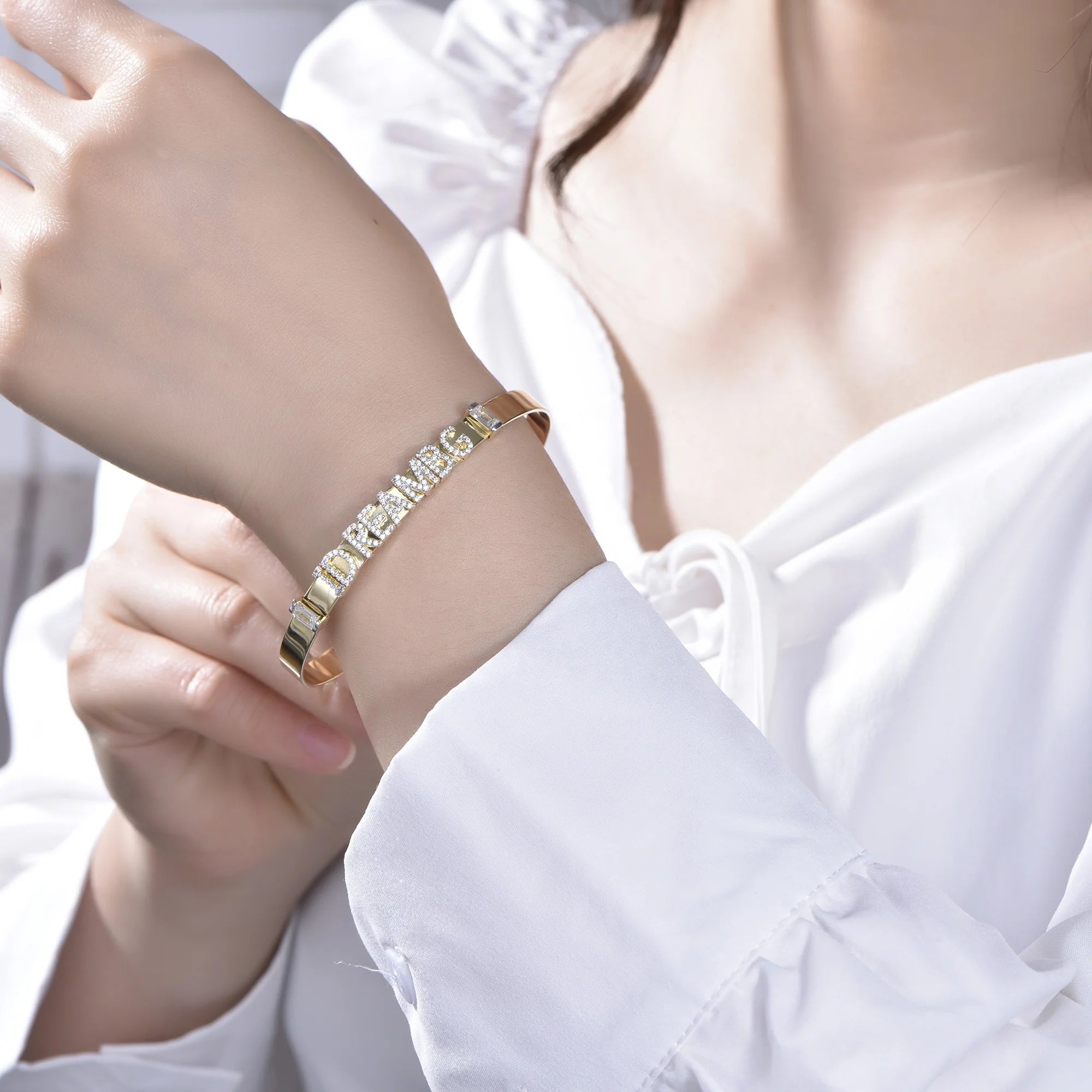 New Bling Zircon Initial Letter Cuff Bangle Women 925 Sterling Silver Gold Plated Custom Bangles Jewelry