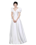 New Modern Draped Satin Lace Appliques Simple Floor Length Deep V-neck Bubble Sleeve Wedding Dresses Evening Bridal Gown