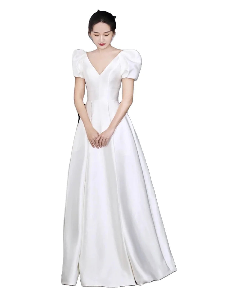 New Modern Draped Satin Lace Appliques Simple Floor Length Deep V-neck Bubble Sleeve Wedding Dresses Evening Bridal Gown