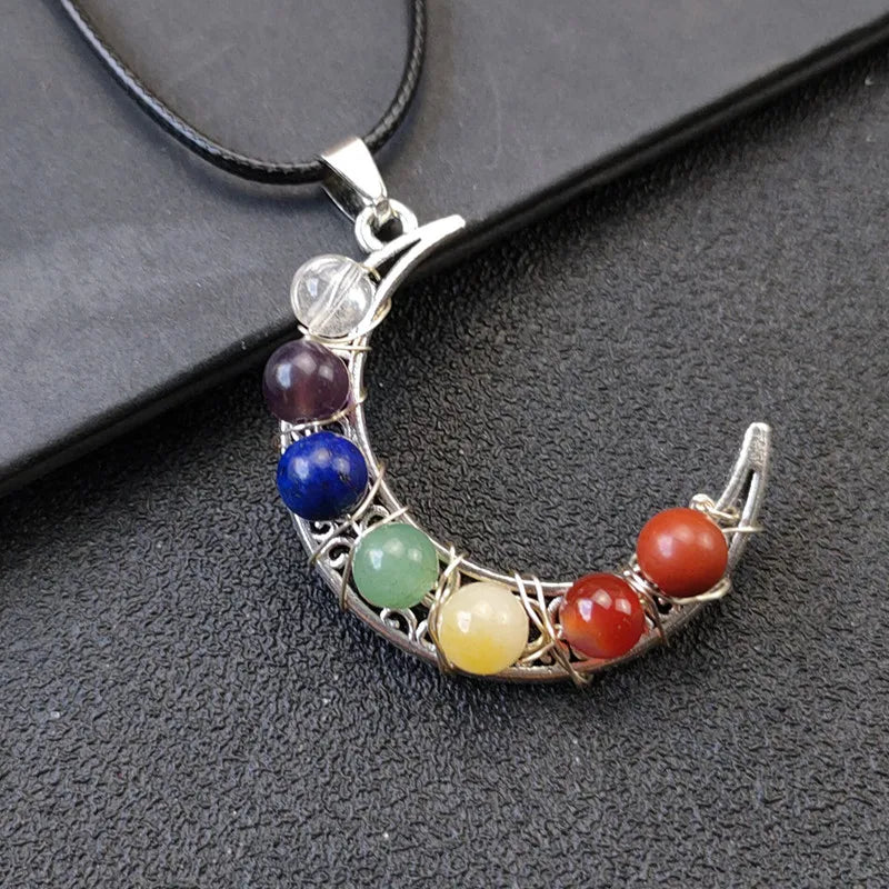 Natural Healing Stones 7 Chakra Crystal Alloy Wire Wrapped Moon Pendant for Jewelry Making Pendant Fashion Necklaces Home Decor