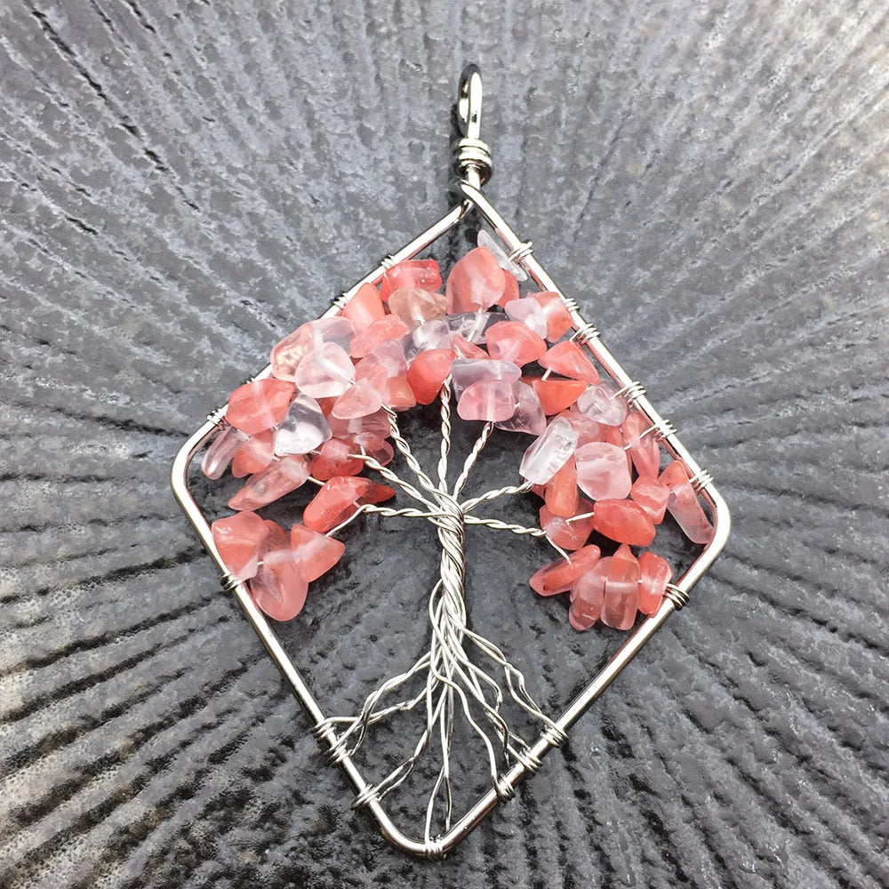 HZ Factory Directly Wholesale Natural Watermelon Quartz Chips Tree of Life Necklace Leather Chain Tree Pendant Palm Tree Necklace