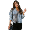 Women's Hot-Sale Long Sleeve Leopard Printing Denim Jacket for Spring Autumn Loose Casual Coat Occidental Design Button