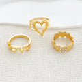 3piece/set Classic Alloy Women's Midi Knuckle Rings Hollow Diamond Love Heart Rhodium Plated Set