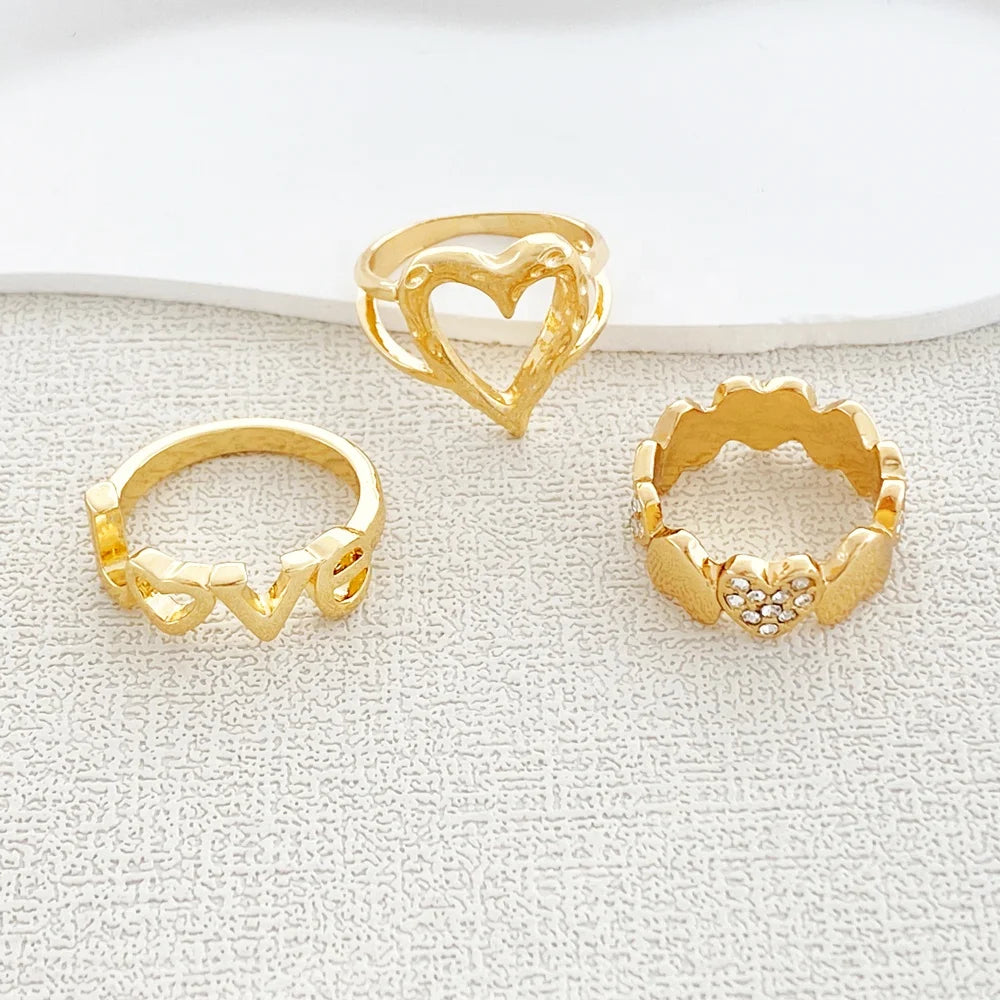 3piece/set Classic Alloy Women's Midi Knuckle Rings Hollow Diamond Love Heart Rhodium Plated Set