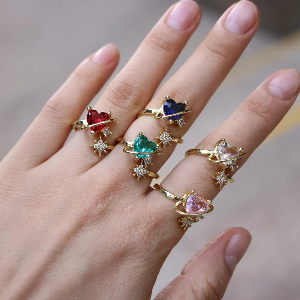 Hot Sale Trendy Jewelry 18k Gold Plated Cubic Zirconia Adjustable Love Heart Girls Rings