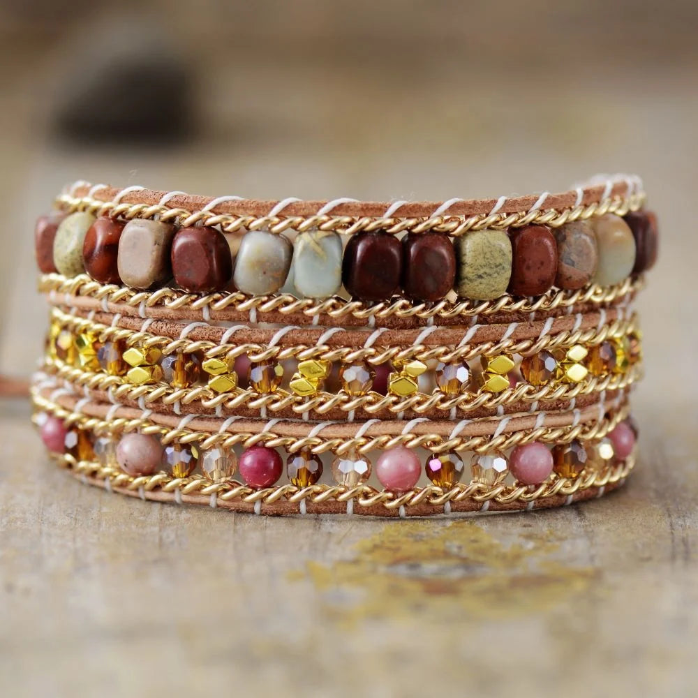 Bohemian Style Multi-Layer Hand-Woven Leather Wrap Bracelets for Women Rhodonite Femme Boho Jewelry Fashion Accessory