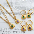 Non Tarnish 18k Gold Colorful Green Zircon Lock Drop Earring Double Layer Stainless Steel Cz Lock Pendant Necklace