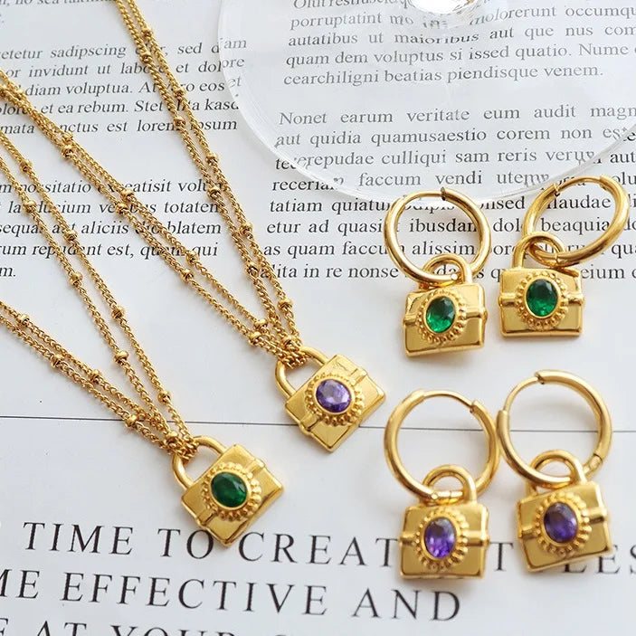 Non Tarnish 18k Gold Colorful Green Zircon Lock Drop Earring Double Layer Stainless Steel Cz Lock Pendant Necklace