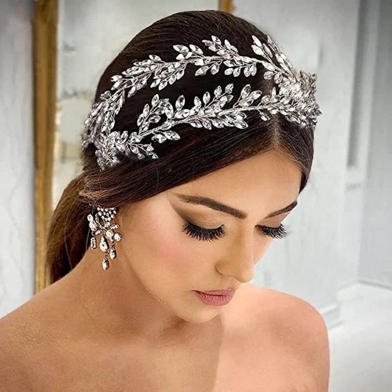 Bridal Rhinestone Hair Headpiece with Imitation Rhodium Plated Soft Chain Cross-border Hair Band Featuring Leaf Butterfly Design