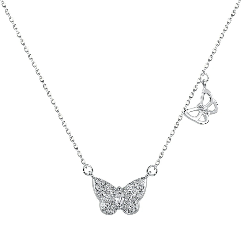 Factory 925 Sterling Silver Necklace Cubic Zircon 18K Gold Plated Jewelry Delicate Double Butterfly Pendent Necklaces for Women