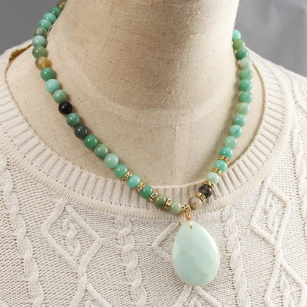 New Bohemian Women Jewelry 8mm Natural Stone Rhinestone Spacer Bead Necklace Faced Natural Stone Drop Pendant Necklace Choker