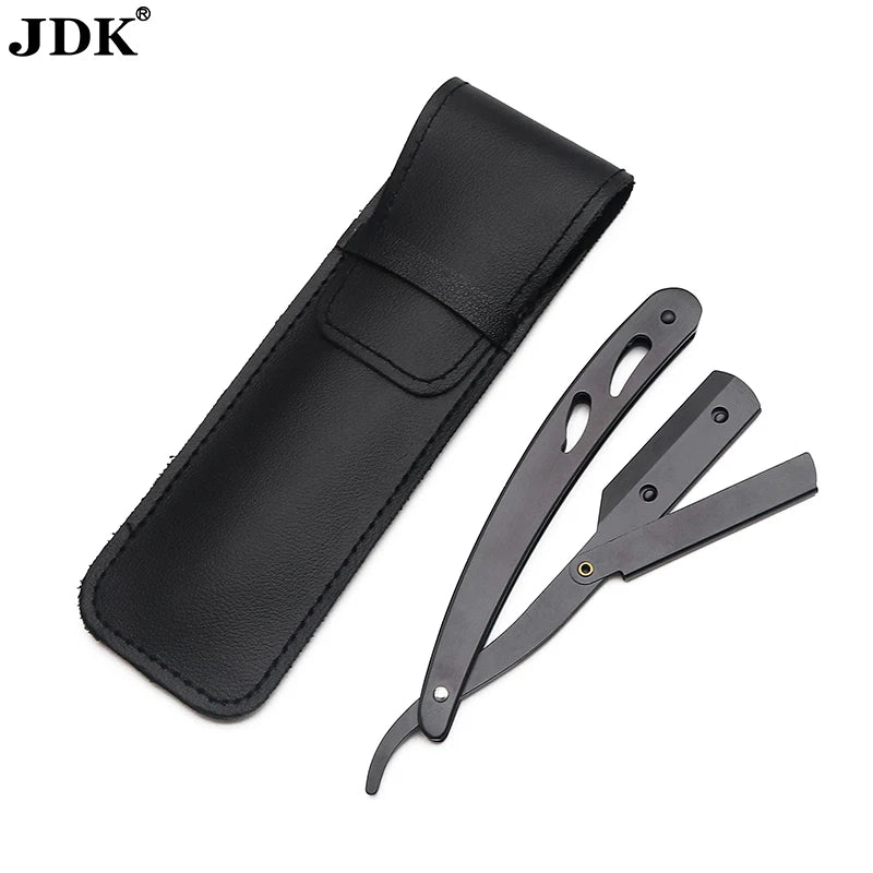 One Blade Black Premium Folding Barber Tool Razors Stainless Steel Straight Edge Shaving Razor with Leather Bag Packing