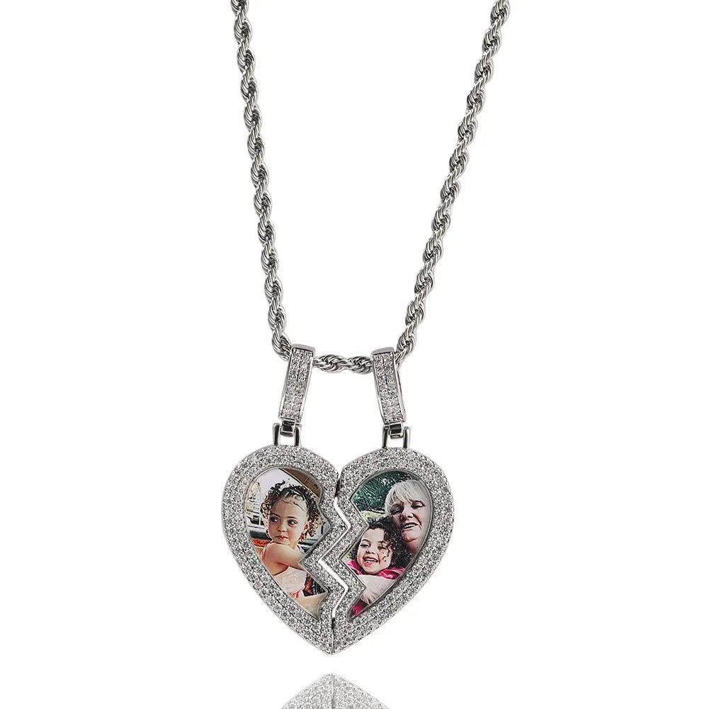 Custom Picture Memory Necklace Iced Out CZ Broken Heart Pendant with Gold Plating Hiphop Style Rope Chain Brass Jewelry Gift