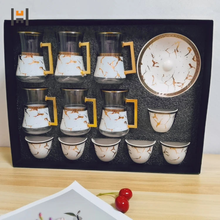 Hot Sale Turkish Ethiopian Coffee Cup Saucer Set Espresso Glass Tea Cup Porcelain Saucer Coffee Set with Color Box