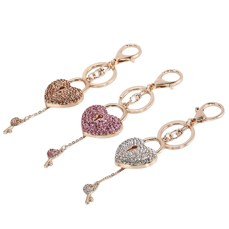 Crystal Love Heart Shape Rhinestone Diamond Keychain Pendant Heart Lock Keyring Wholesale Jewelry Lock Key Couple Peach Keychain