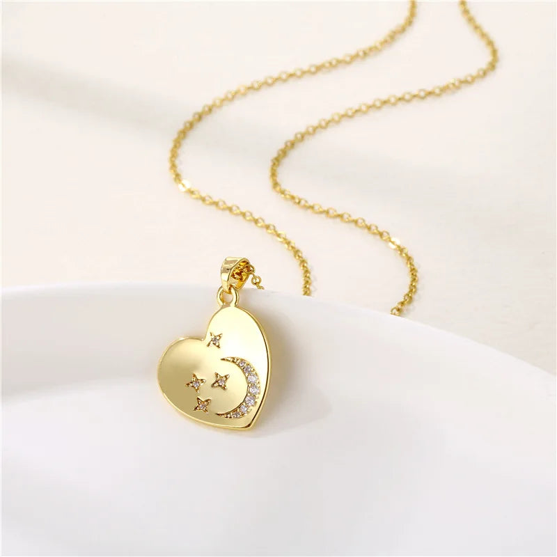 Star Moon Engraved Love Heart Necklace Stainless Steel Zircon Heart Pendant Necklace for Women