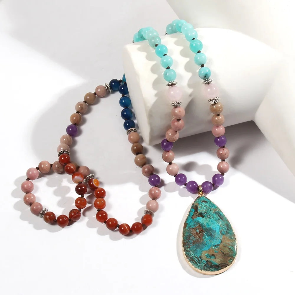 Spring/Summer New Fashion Bohemian Style 8mm Natural Stone Knot Necklace Natural Stone Drop Pendant Necklace Sweater Chain