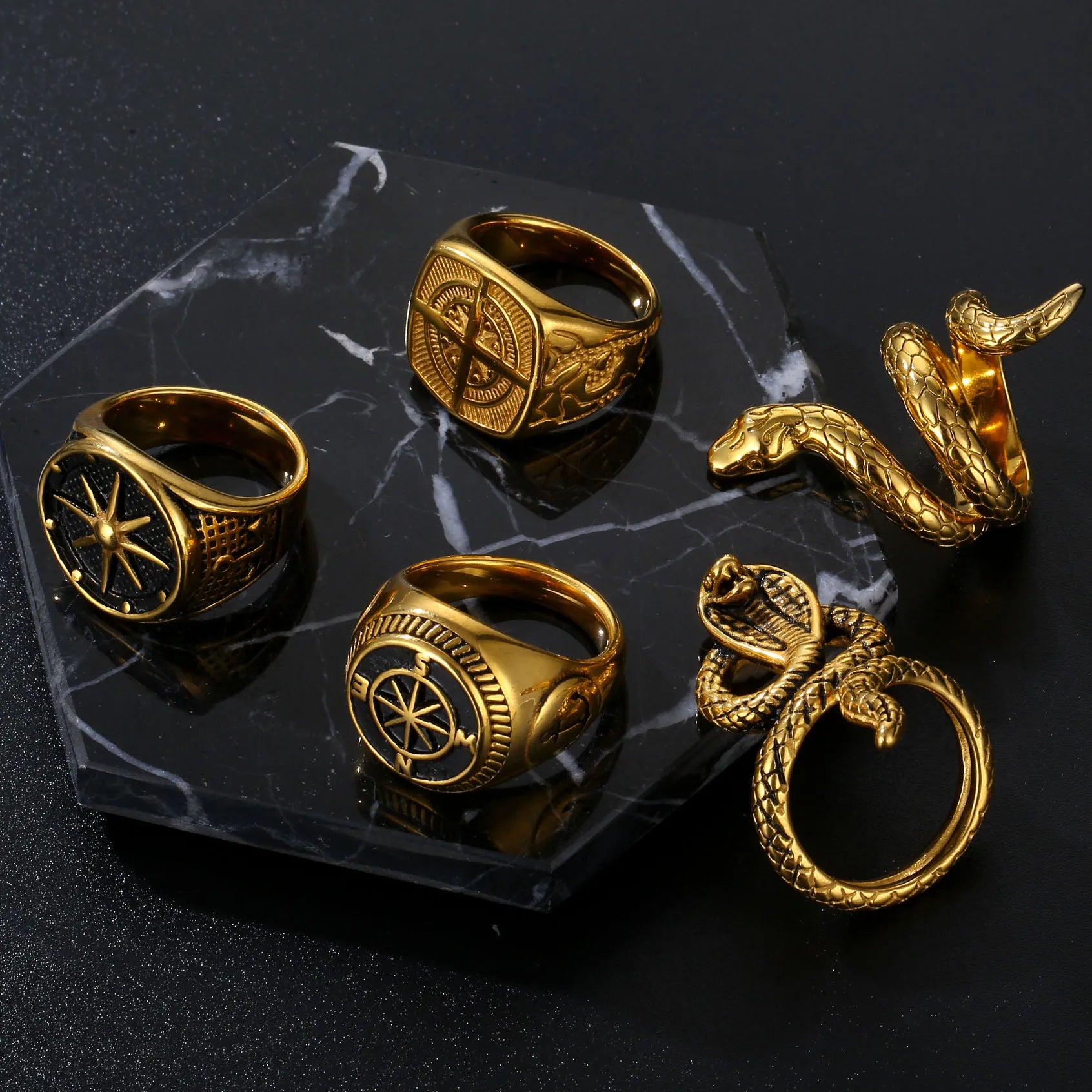 Custom Trending Fashion Jewelry Vitruvian Ring Vintage Greek Snake Signet Rings Stainless Steel Mens Compass Ring Gold