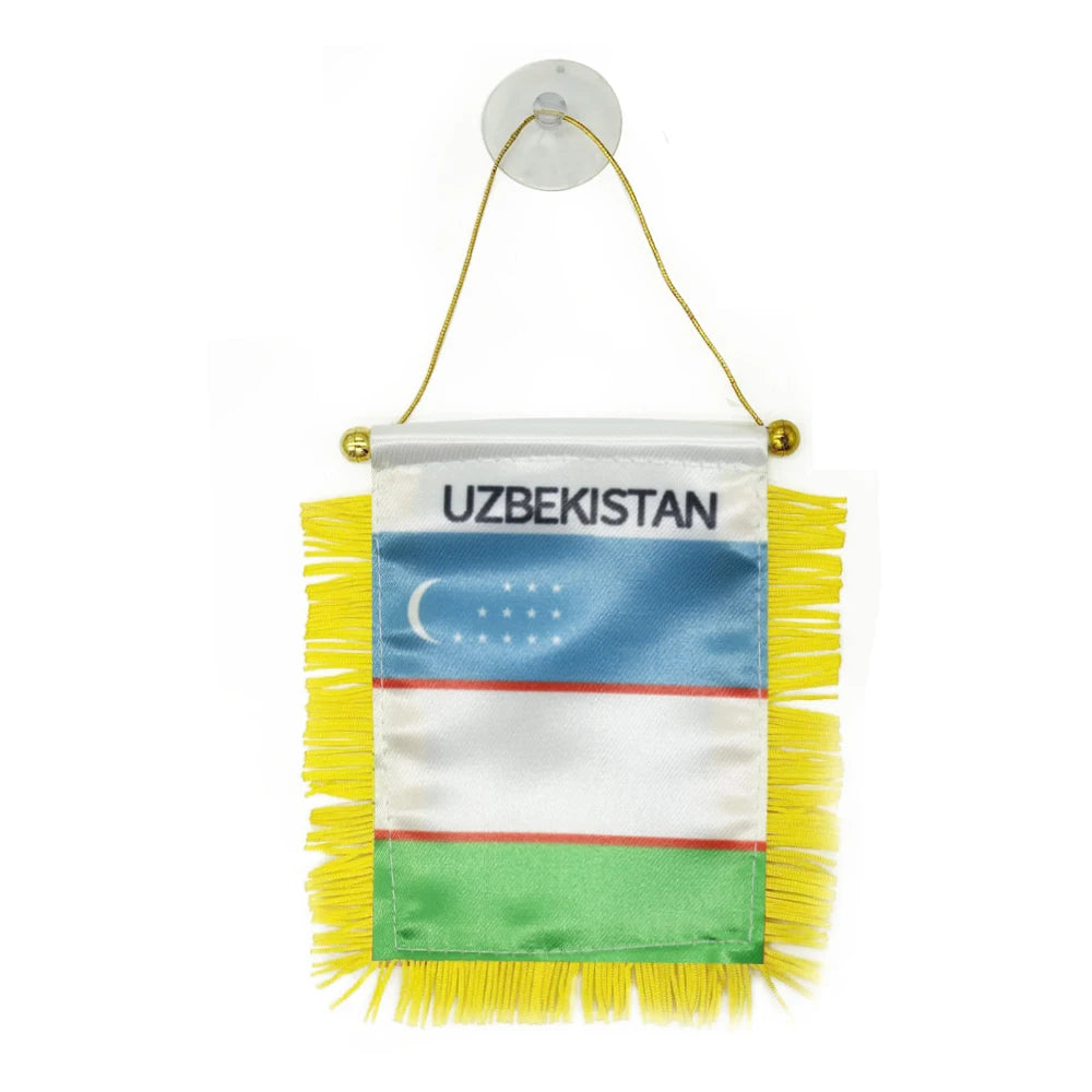 Custom Logo Digital Printing Satin Material Hanging  Uzbekistan Pennant Flag for Car Rearview Mirror and Home Decoration