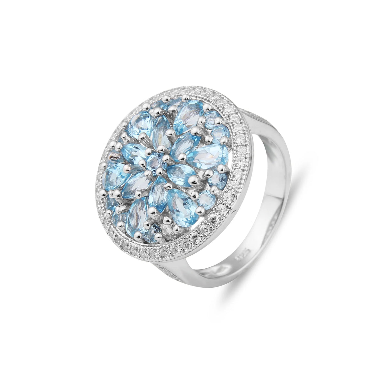 A3208 Abiding Multi Stone Swiss Blue Topaz Gemstone Round Halo Fashion Flower 925 Sterling Silver Ring for Women Anniversary MegaBDM