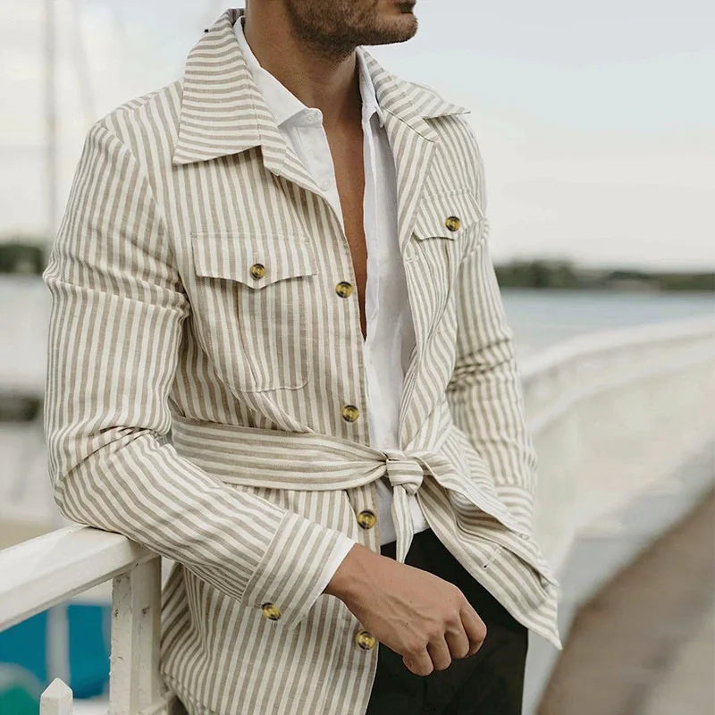 Spring Autumn Men's Cardigan Striped Multi Pocket Long Sleeve Casual Blazer Coat Plus Size Man  Top Jacket Outfit Wear