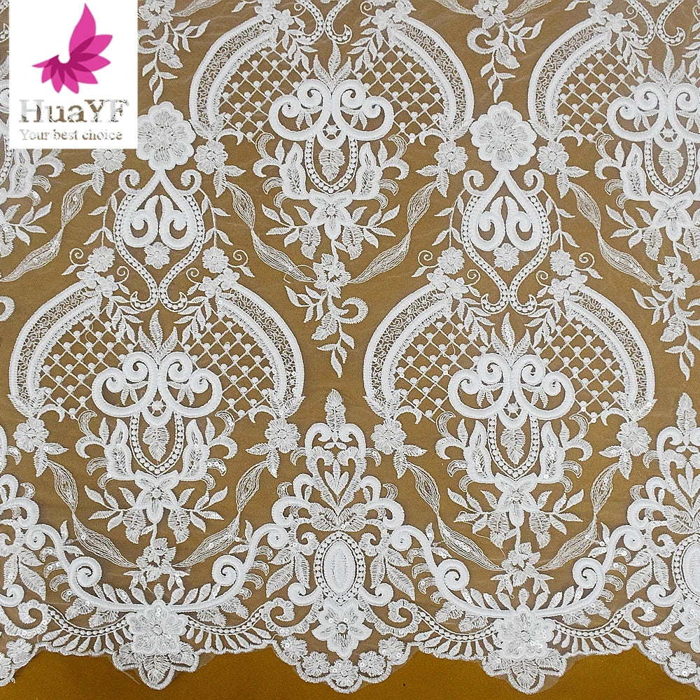 Good Quality Pure White Sequins Embroidered Wedding High Density Lace Dress European Style  HY2048-1