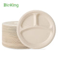 BioKing 9 Inch Biodegradable Disposable Plate Compostable 3 Compartment Round Bagasse for Restaurant Dinner Party DDP USA / America