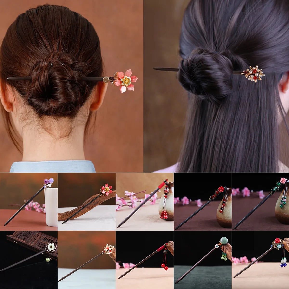Chinese Style Jade Plum Blossom Rose Flower Wooden Chopstick Hairpin Women Chignon Hair Stick