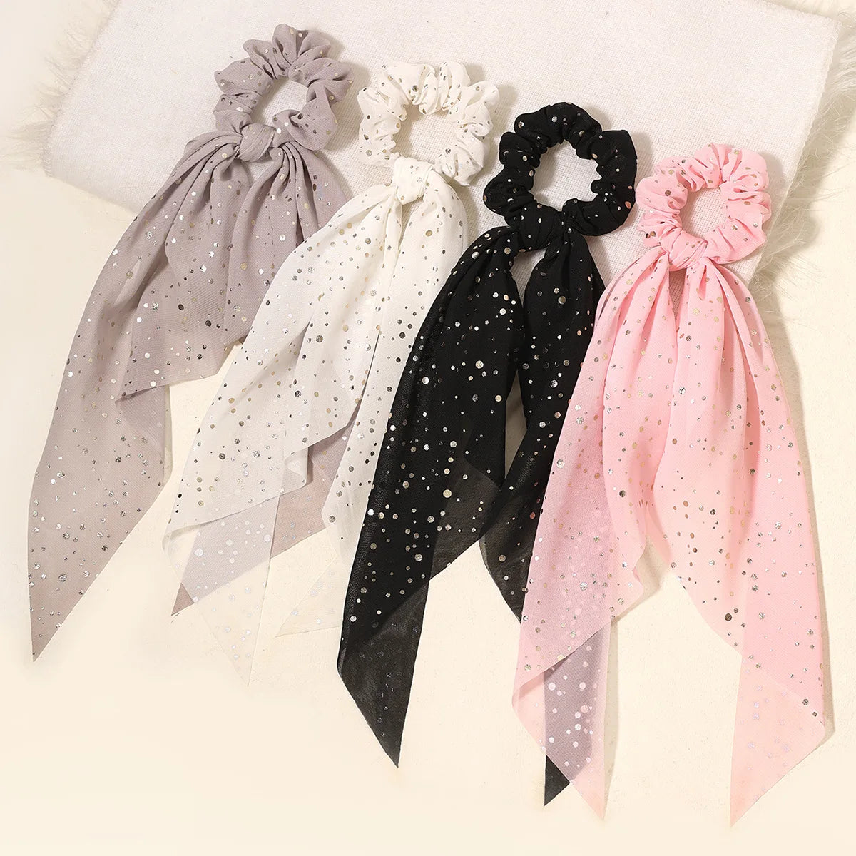 HOVANCI 5pcs Fashion Ponytail Holder Ribbon Scrunchies Solid Color Dot Hair Rope Ties for Women MegaBDM