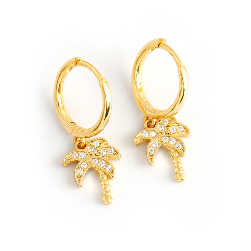 2025 925 Sterling Silver Fashion Jewelry Gold Plated Zircon Coconut Tree Dangle Hoop Earrings Summer Earrings
