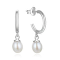 925 Sterling Silver Post Round Edge Dangle Pearl Open Hoop Women Earrings